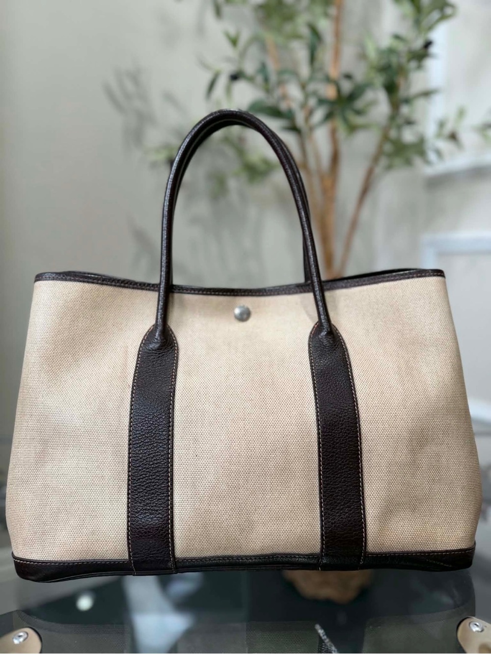 Hermes Beige Canvas Tote with Dark Brown Leather Trim
